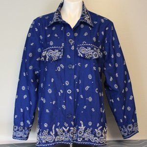Quacker Factory Royal Blue Paisley Bandana Print Bling Lightweight Jacket XL